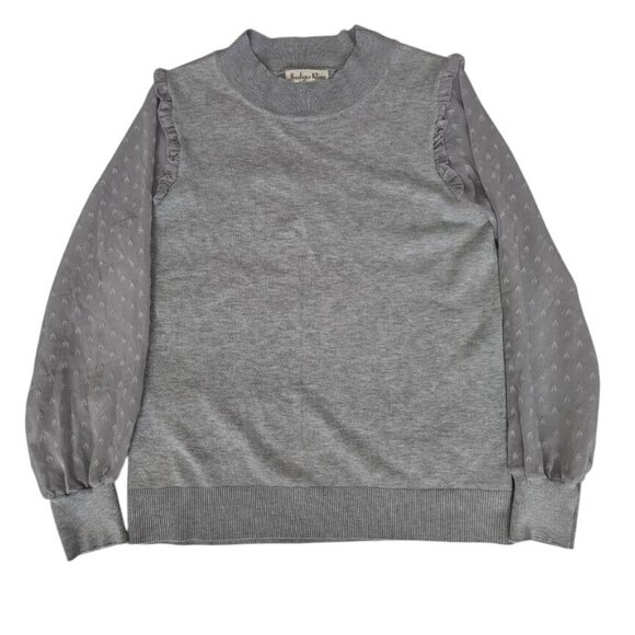 Indigo Rose Women's Gray Sheer Puff Sleeve Ruffled Knit Pullover Sweater Medium - Picture 2 of 11